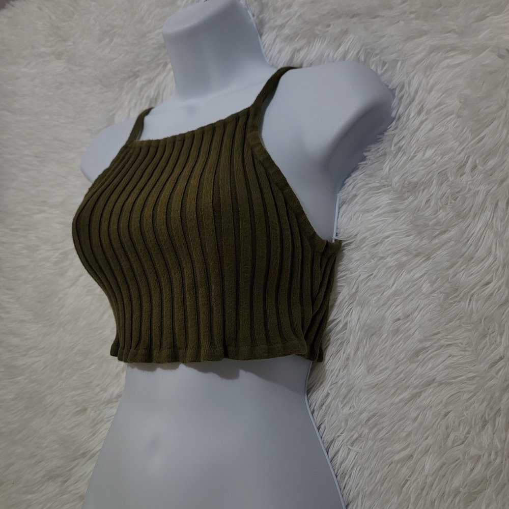 Forever 21 Distressed Olive Ribbed Cropped Tank Top Camisole Womens M - Picture 2 of 8